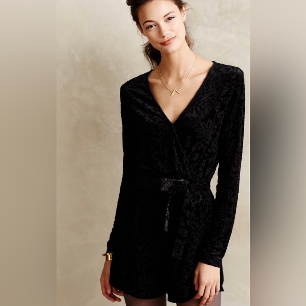 SAYLOR Anthropologie Velvet Burnout Romper Black Floral size L EUC